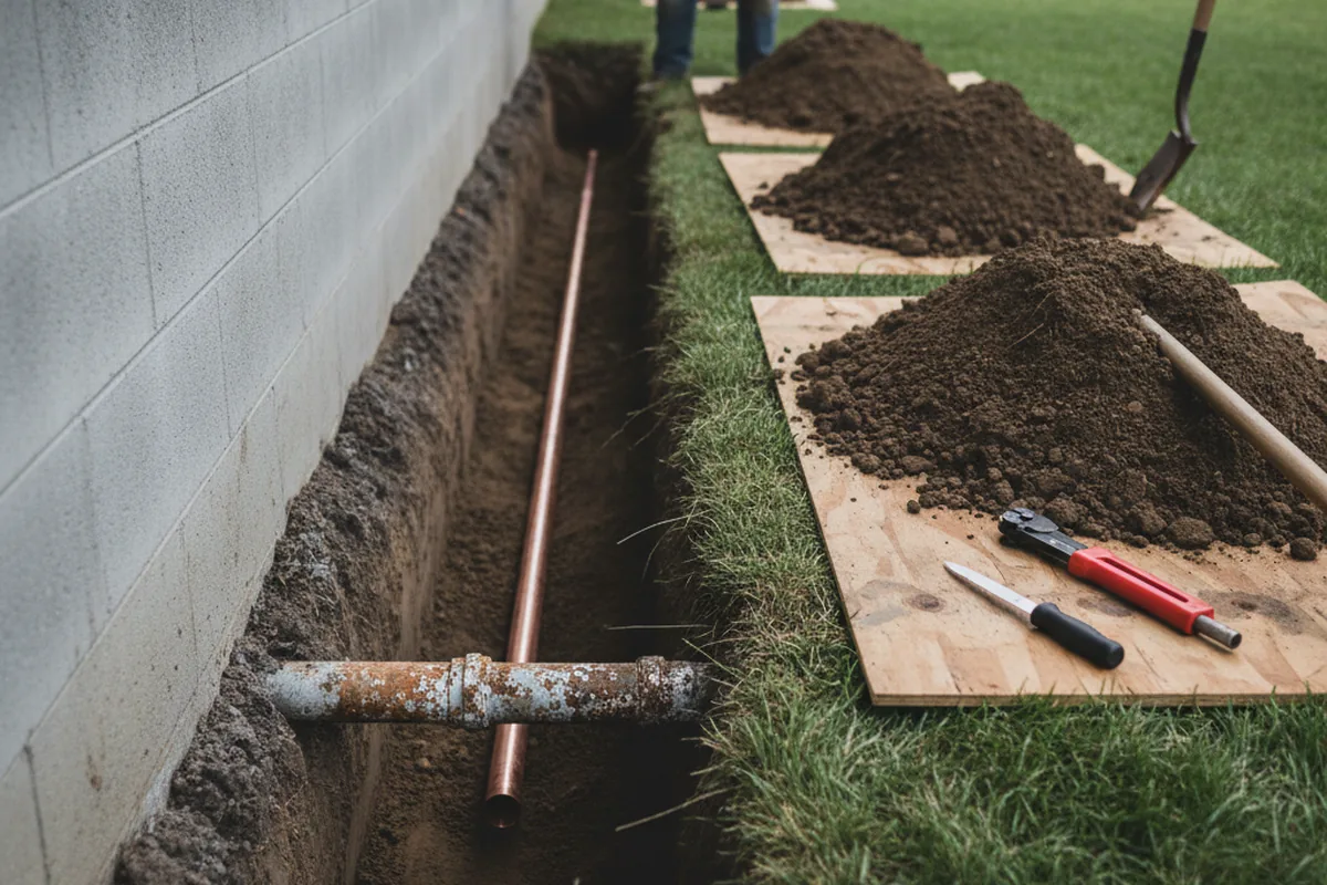 Excavated water line trench during Water Heater Repair in Stamford